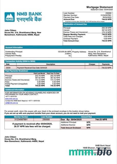 Nepal NMB Bank Nepal wyciąg z kredytu hipotecznego szablon Word i PDF